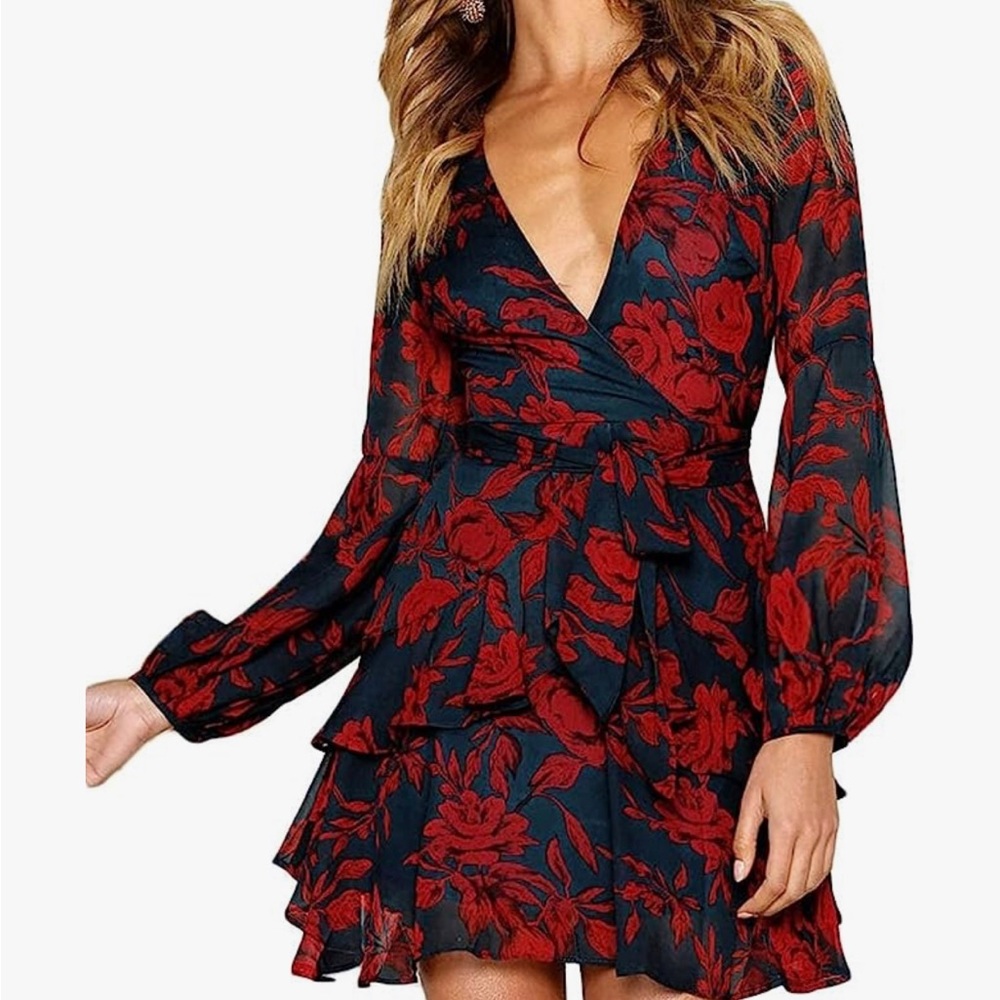 Red and black floral dress with tie for waist.